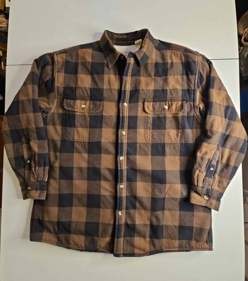 RedHead Men's XL Sherpa Lined Flannel Shirt Jacket Brown Black Buffalo Plaid